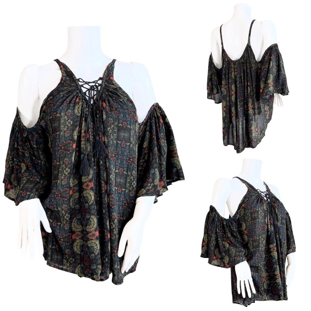 Sea Gypsies Floral Lace Up Cold Shoulder Top SZ L $69